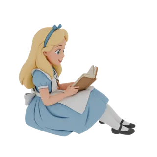 مجسم ثلاثي الأبعاد لأليس في بلاد العجائب جالسة تقرأ كتابًا، بشعر أشقر وفستان أزرق.