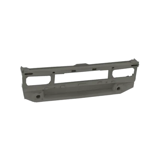 3D model of a grey automotive front bumper reinforcement beam with visible mounting holes and structural details.