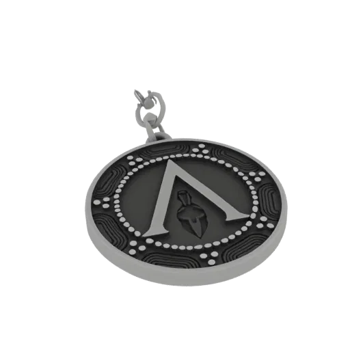 3D model render of a circular keychain featuring a Spartan helmet emblem with a Lambda symbol and decorative border.