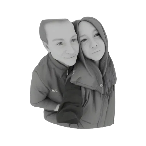AI-generated 3D model of a couple embracing, rendered in grayscale with a stylized, artistic appearance.
