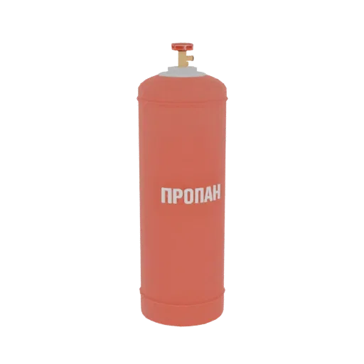 3D model of a red propane gas cylinder with white 'ПРОПАН' text and a brass valve, isolated on a white background.