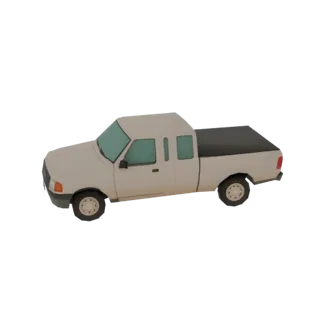 A 3D model of a classic white pickup truck with a black tonneau cover, viewed from a slightly elevated side angle against a b