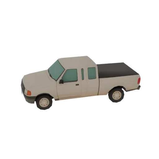 A 3D model of a classic white pickup truck with a black tonneau cover, viewed from a slightly elevated side angle against a b