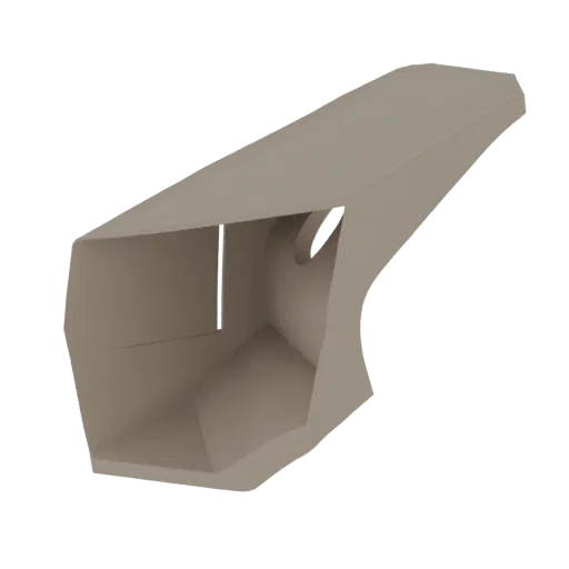 3D model of a modern beige gutter downspout with a rectangular inlet and a circular outlet, set against a black background.