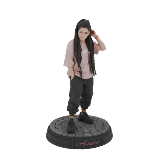 3D model of an anime girl with black dreadlocks, wearing a pink shirt and dark pants, standing on a cobblestone base with the