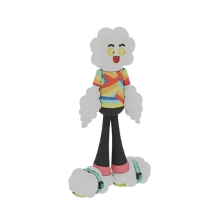 Modelo 3D de um personagem nuvem feliz com nuvens brancas fofas para cabeça e membros, vestindo uma camisa listrada de arco-í
