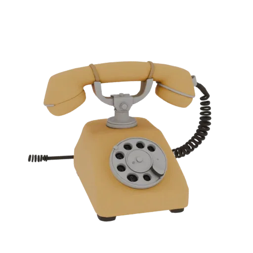 3D model of a vintage yellow rotary dial phone with a coiled cord, on a white background.