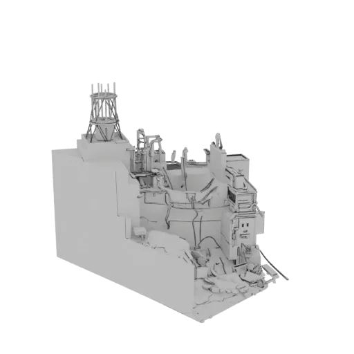 3D model render of a ruined industrial complex with a water tower, debris, and damaged structures against a black background.