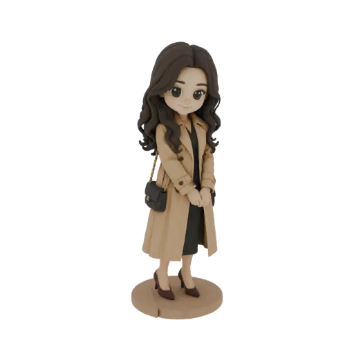 3D model of a stylized woman wearing a beige trench coat and black dress, holding a handbag, standing on a round base.