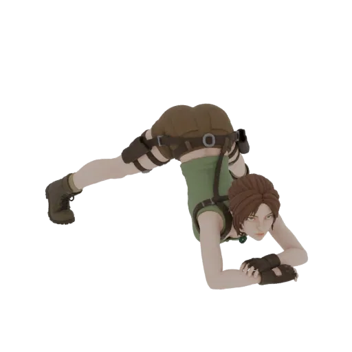 3D model of Lara Croft in a dynamic, athletic pose, looking forward with determination.
