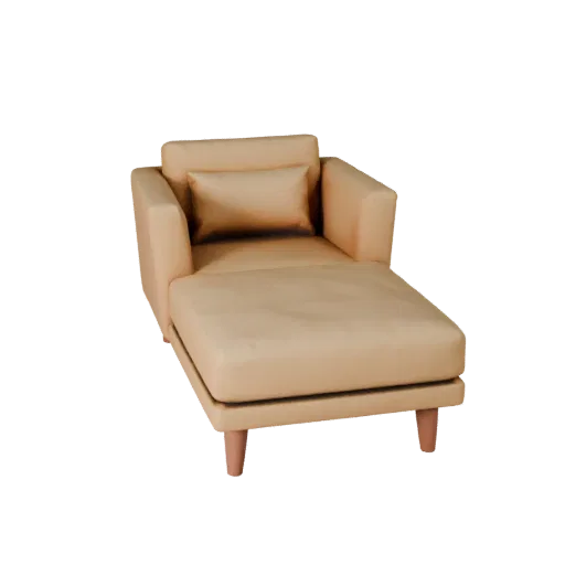 Mid Century Chaise Lounge Low Poly 3D model, living room, game viewport three-quarter view, woven fabric detail.