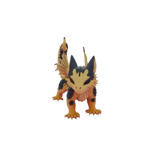 Un rendu 3D d'une adorable figurine de bébé dragon aux écailles orange et noir, debout sur quatre pattes avec de petites aile