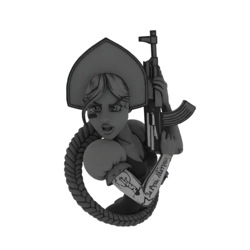 3D model of a fierce Russian warrior woman wearing a kokoshnik and holding an AK-47 rifle, with tattoos on her arm.