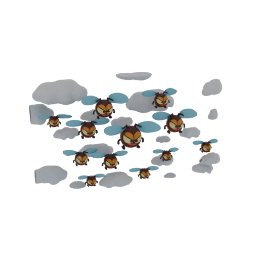 3D model of a swarm of angry cartoon bees flying amongst stylized clouds