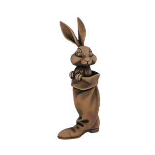 3D model of a brown rabbit with closed eyes peeking out of a brown boot, with paws clasped.