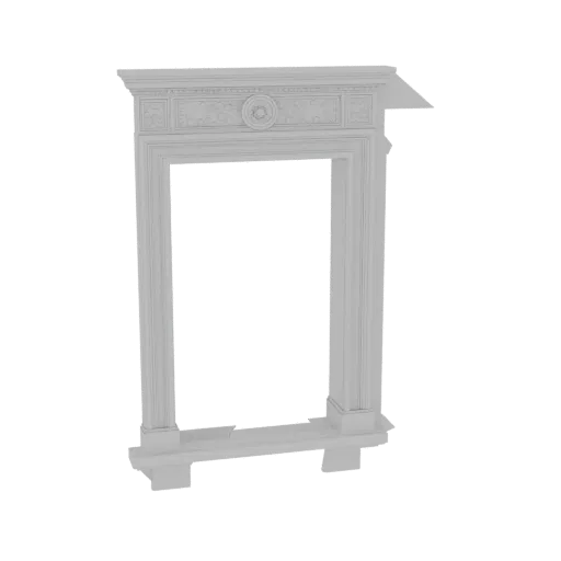 3D model of an ornate white fireplace mantel with decorative frieze and fluted columns, set against a black background.
