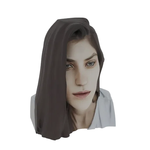 3D model of a woman with dark, flowing hair partially covering her face, looking contemplative.