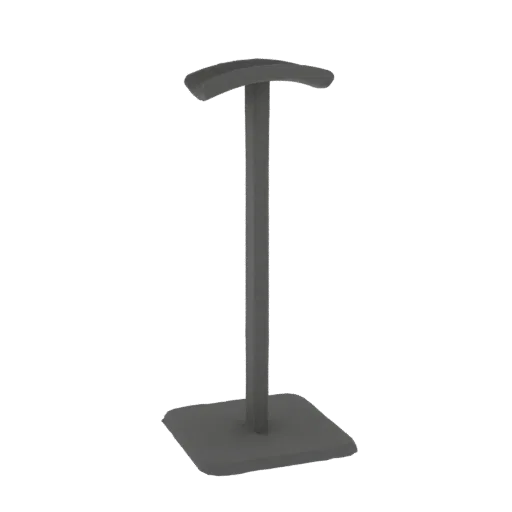 Una renderización 3D de un soporte minimalista para auriculares con base cuadrada y parte superior curvada, presentado sobre