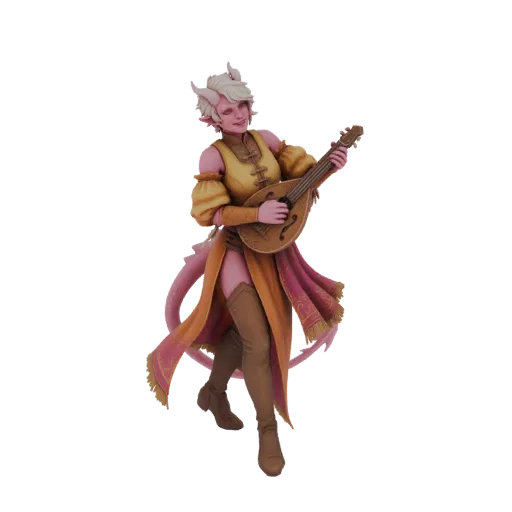 3D model of a Tiefling Bard with pink skin, white horns, and a tail, wearing a yellow dress and playing a mandolin.