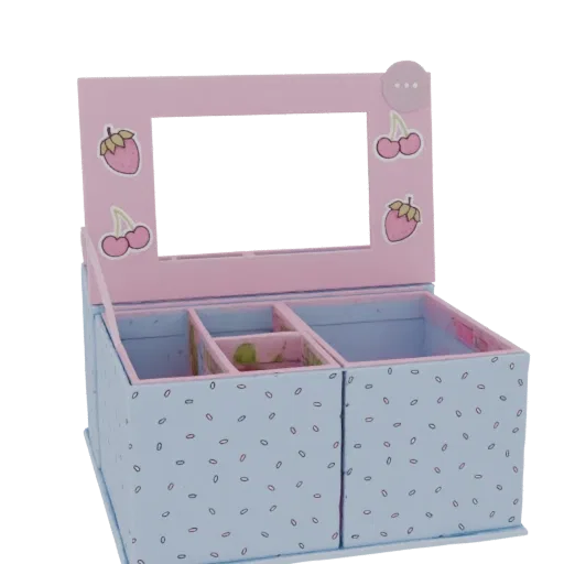 3D model of a pink and blue jewelry box with strawberry and cherry decals, a mirror, and interior compartments.