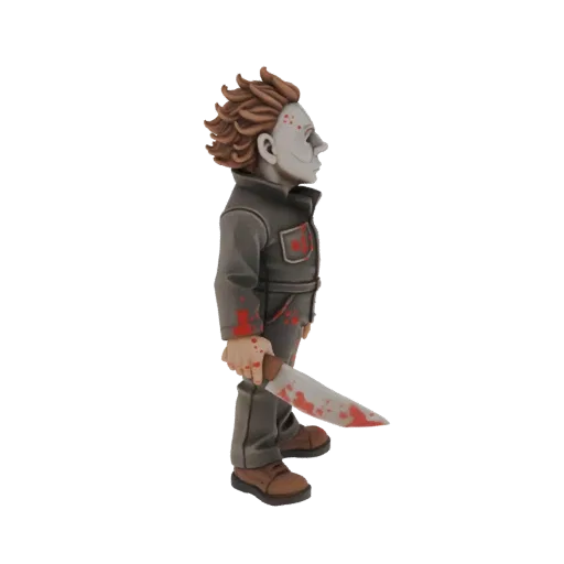 A 3D render of a chibi-style Michael Myers figure, wearing his mask and overalls, holding a blood-splattered knife.