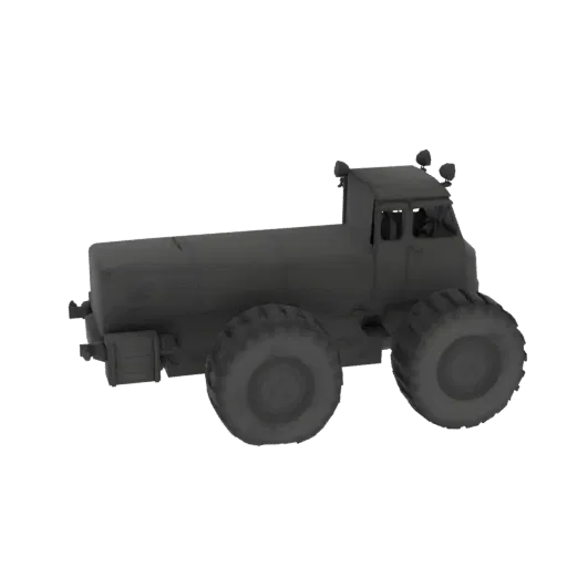 3D model of a gray, articulated water tanker truck with large off-road tires, viewed from a three-quarter angle.