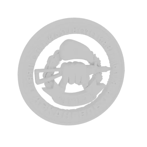 3D model render of a circular emblem featuring a clenched fist holding a rifle, with text around the border.