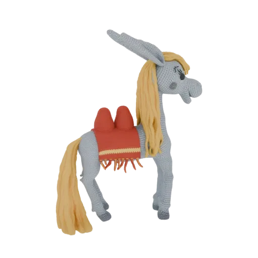 Modèle 3D d'un âne au crochet avec un corps gris clair, une crinière et une queue blondes, et une selle rouge avec une garniture et une frange jaunes.