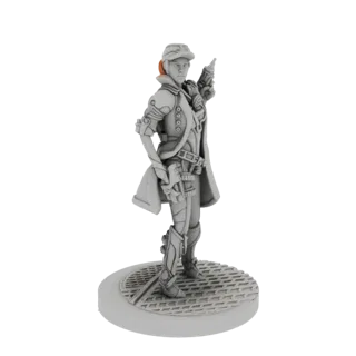 Modello 3D di un personaggio medico cyberpunk in abito futuristico, che impugna una pistola e si trova su una base a forma di