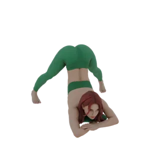 Modelo 3D de una mujer con un atuendo deportivo verde realizando una desafiante postura de yoga, visto desde un lado.