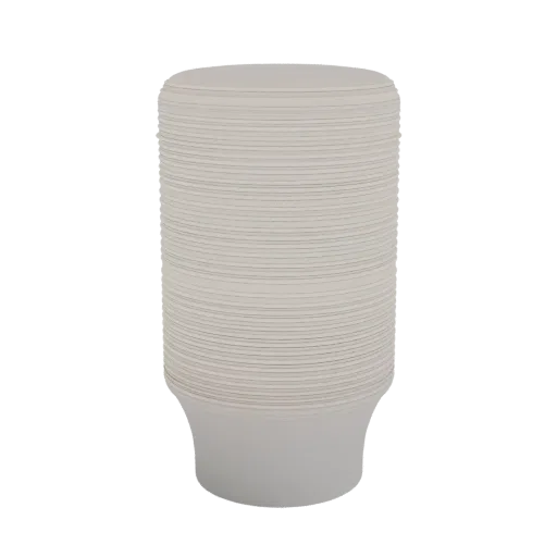 A 3D render of a stack of white paper bowls against a white background.