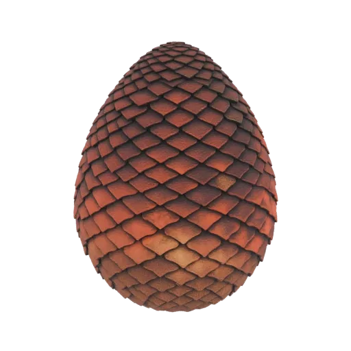 Uma renderização 3D de um ovo de dragão texturizado com uma superfície escamosa em tons de vermelho e marrom, isolado em um f
