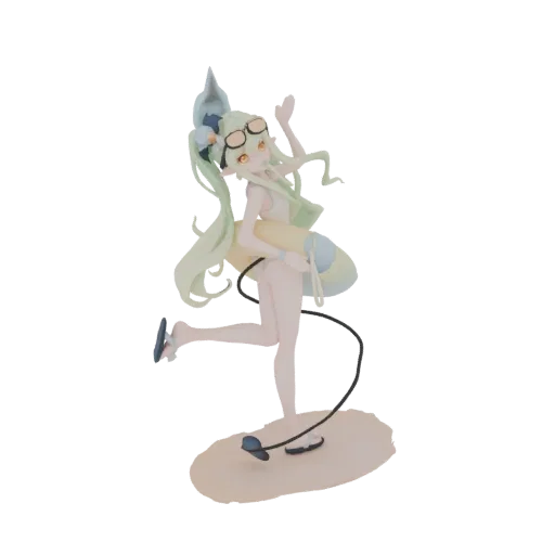 3D model of a cute anime girl in a light swimsuit, holding a yellow swim ring, with sunglasses on her head, posing on a sandy