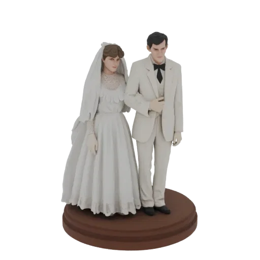 3D model of a vintage wedding couple figurine, bride in white gown and veil, groom in white suit, standing on a brown circula