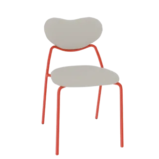 3D-Modell eines modernen organischen Stuhls mit heller Sitzfläche und Rückenlehne, getragen von einem leuchtend roten Metallr