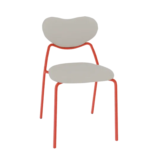 3D-Modell eines modernen organischen Stuhls mit heller Sitzfläche und Rückenlehne, getragen von einem leuchtend roten Metallr