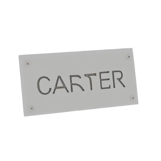 3D render of a rectangular name plate with the name CARTER engraved in the center, featuring four screw holes.