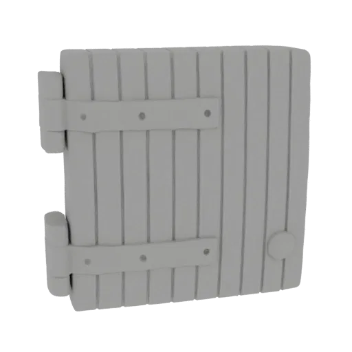 3D model of a rustic wooden door with visible hinges and a circular knob, presented in a neutral gray material.