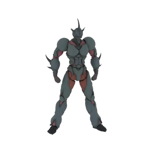 Modèle 3D d'un guerrier en armure gris et rouge avec des pointes acérées et une posture menaçante, sur fond blanc.