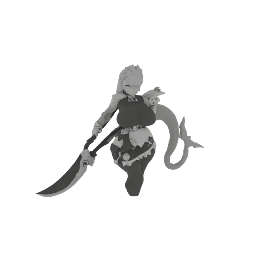 Render 3D en escala de grises de un personaje maid anime sosteniendo una gran guadaña, con un pequeño gato en su hombro.