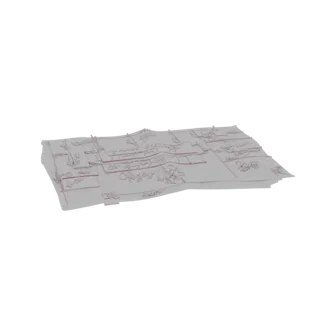 Modelo 3D de pergamino antiguo con texto manuscrito detallado, presentado ligeramente desenrollado sobre fondo blanco.