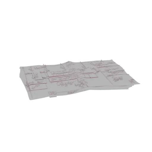 Modelo 3D de pergaminho antigo com texto manuscrito detalhado, apresentado ligeiramente desenrolado sobre fundo branco.