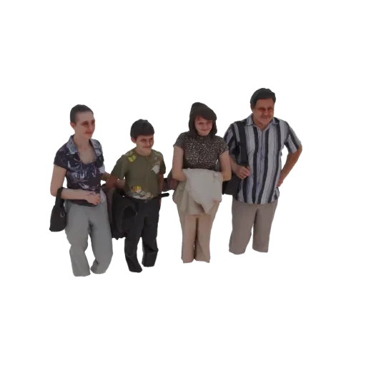 3D model of a family of four, two adults and two children, standing together with luggage, ready for travel.