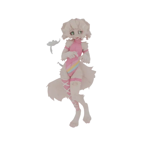 3D model of a cute pink dog girl character wearing a pink leotard with a rainbow stripe and white leg straps, posed playfully