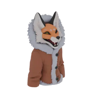 Modelo 3D de um personagem de raposa antropomórfica vestindo uma parka marrom com acabamento em pelo cinza, apresentando um r