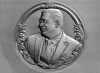 3D-Modell Flachrelief eines Mannes im Anzug, im klassischen Stil mit ovalem Ornament.