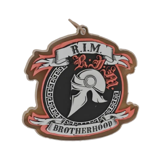 3D model of the R.I.M. Brotherhood emblem featuring a Spartan helmet, Greek key pattern, and banners with text.