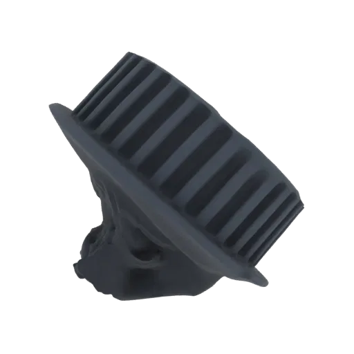 3D model of a dark, gothic skull wearing a hat with prominent horizontal ribs, set against a white background.