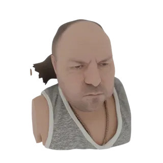 3D-Modell eines mürrischen Mannes mit Pferdeschwanz, der ein Tanktop und eine Halskette trägt, vor weißem Hintergrund.