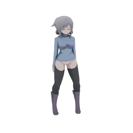 Modèle 3D fille anime aux cheveux gris, portant un col roulé bleu, des bas hauts sombres et des bottes violettes, les yeux fe